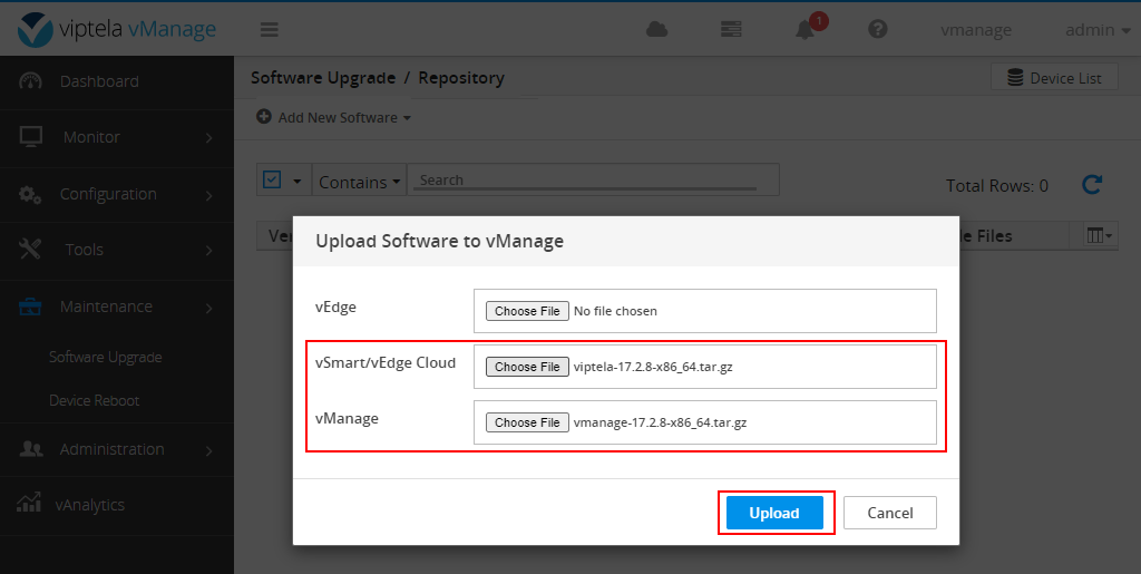 Uploading Software images to the vManage repository