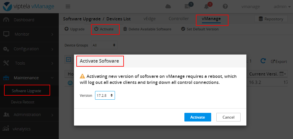 Activating the new software image on vManage