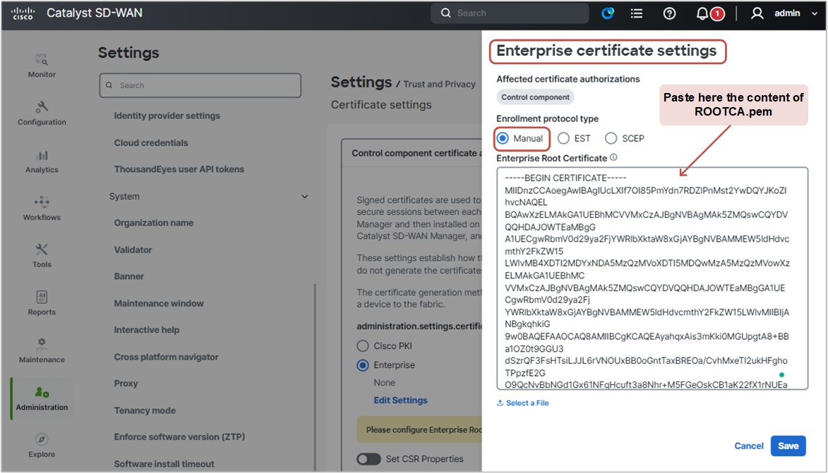 Adding Root Certificate to vManage.