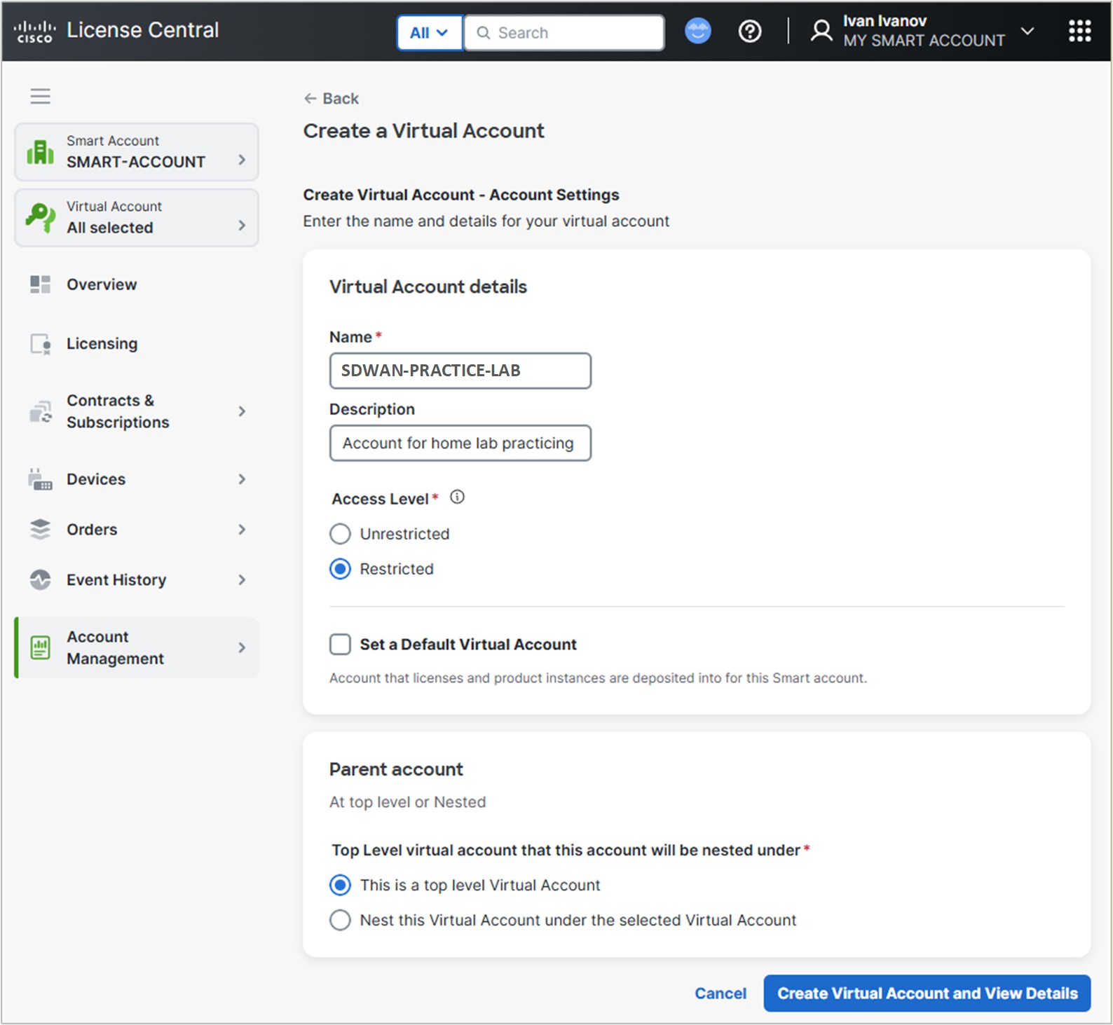 Creating a a new Virtual Account.